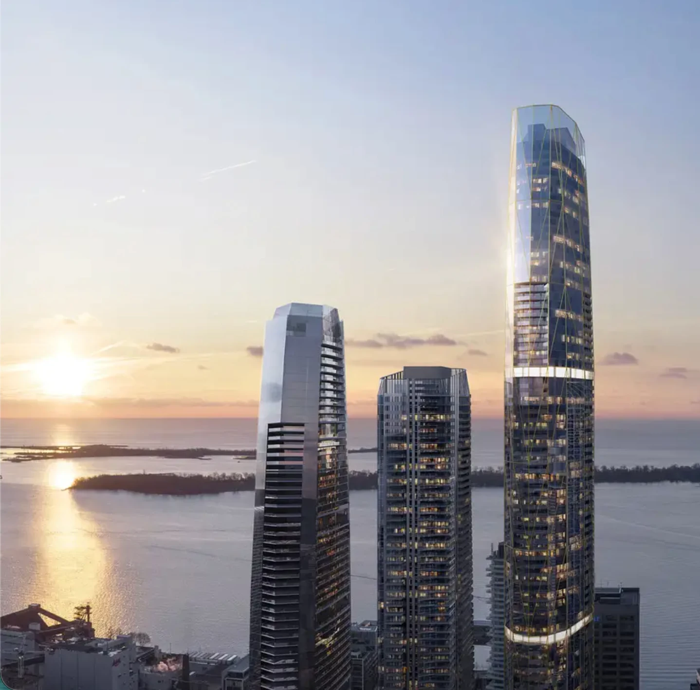 Modern Toronto waterfront condo towers at golden hour