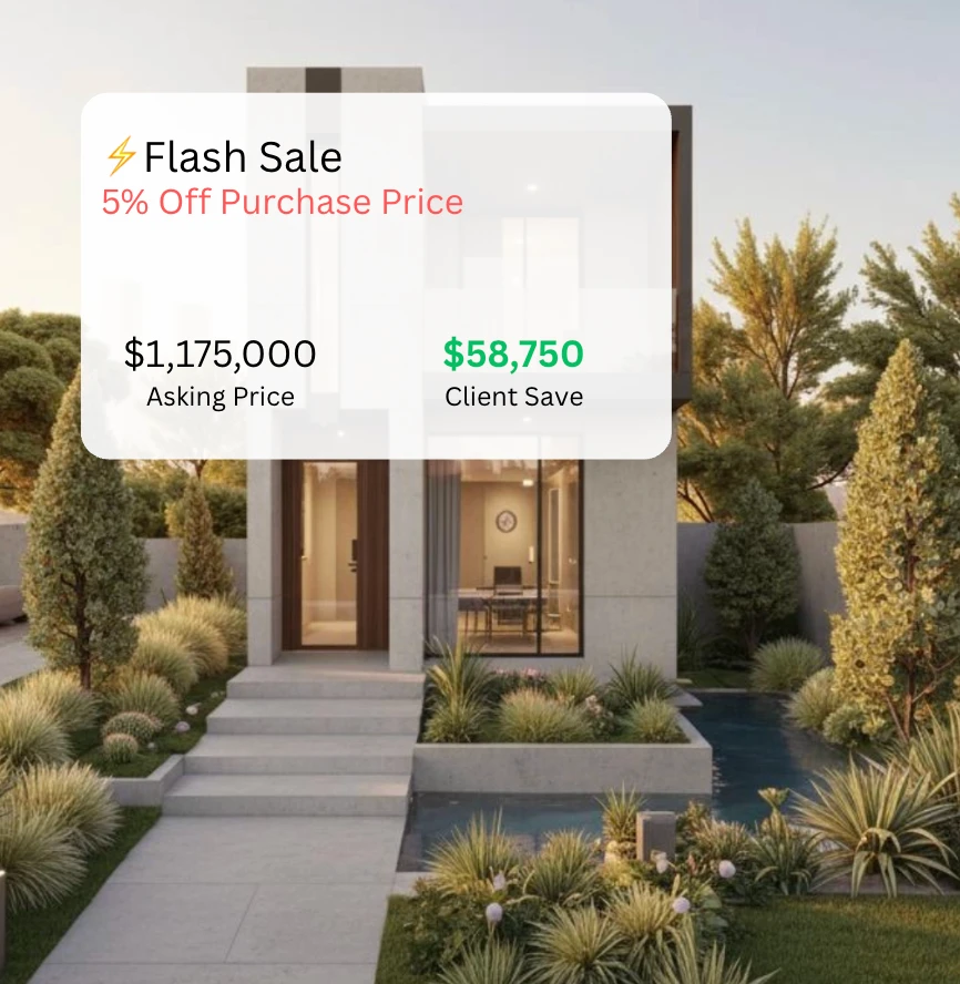 A new-home listing showing asking price and client savings in LIQWD